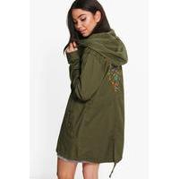 Hooded Parka With Back Embroidery - khaki