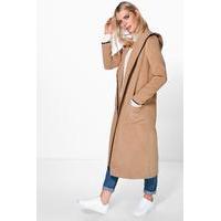 Hooded Wool Look Coat With PU Trim - camel