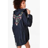 Hooded Mac With Back Floral Print - navy