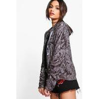 hooded velvet ruched sleeve bomber grey