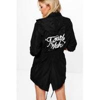 hooded fishtail parka with trouble maker print black