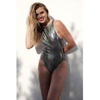 Hologram High Neck Scoop Back Swimsuit - silver