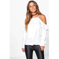 holly ruffle open shoulder satin blouse ivory