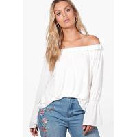 holly ruffle flared sleeve off the shoulder top ivory