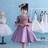 HUA XI REN JIAO A-line Knee-length Flower Girl Dress - Lace Satin Satin Chiffon Jewel with Bow(s) Pearl Detailing