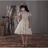 HUA XI REN JIAO A-line Knee-length Flower Girl Dress - Lace Satin Chiffon Off-the-shoulder with Bow(s) Feathers / Fur Lace Pearl Detailing
