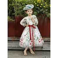 HUA XI REN JIAO A-line Tea-length Flower Girl Dress - Lace Tulle Jewel with Lace Sash / Ribbon