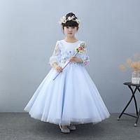 HUA XI REN JIAO A-line Ankle-length Flower Girl Dress - Tulle Charmeuse Jewel with Beading Flower(s) Lace