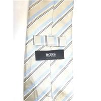 Hugo Boss Silk Tie Silver with Light Blue Black & White Stripe Design