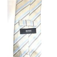 hugo boss silk tie silver with light blue black white stripe design