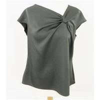 Hugo Boss Size 12 Slate Grey Silk Gathered Neck Cap Sleeve Minimal Chic Blouse