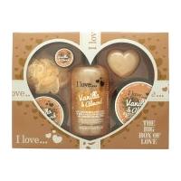 I Love... A Big Box Of Love Vanilla and Almond Gift Set 500ml Bubble Bath + 100ml Sugar Scrub + 100ml Body Butter + 10ml Lip Balm + 60g Soap + Sponge