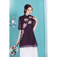 I-YECHO Women\'s Going out Casual/Daily Chinoiserie Spring Summer ShirtEmbroidered Stand Length Sleeve Silk