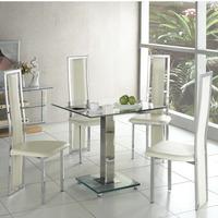 Ice Dining Table Square In Clear Glass With 4 Cream Dining Chair