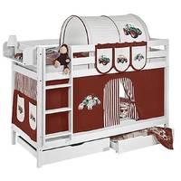 Idense White Wooden Jelle Bunk Bed - Tractor Brown - With curtain and slats - Continental Single