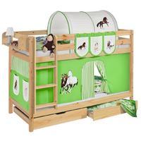 Idense Pine Wooden Jelle Bunk Bed - Horses Green - With curtain and slats - Continental Single