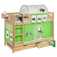 Idense Pine Wooden Jelle Bunk Bed - Tractor Green - With curtain and slats - Continental Single