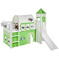 Idense White Wooden Jelle Midsleeper - Tractor Green - With slide, tower, curtain and slats - Continental Single