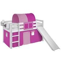 Idense White Wooden Jelle Midsleeper - Pink - With slide, curtain and slats - Continental Single