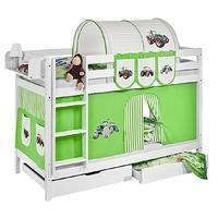 Idense White Wooden Jelle Bunk Bed - Tractor Green - With curtain and slats - Continental Single