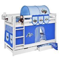Idense White Wooden Jelle Bunk Bed - Tractor Blue - With curtain and slats - Single