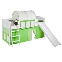 Idense White Wooden Ida Midsleeper - Green - With slide, curtain and slats - Continental Single