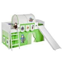 Idense White Wooden Ida Midsleeper - Pirate Green - With slide, curtain and slats - Continental Single