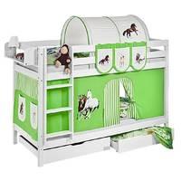 Idense White Wooden Jelle Bunk Bed - Horses Green - With curtain and slats - Continental Single