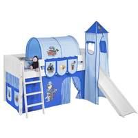 Idense White Wooden Ida Midsleeper - Pirate Blue - With slide, tower, curtain and slats - Continental Single