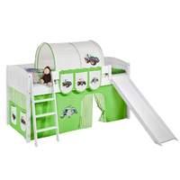Idense White Wooden Ida Midsleeper - Tractor Green - With slide, curtain and slats - Continental Single