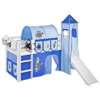 Idense White Wooden Jelle Midsleeper - Pirate Blue - With slide, tower, curtain and slats - Single