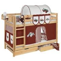 Idense Pine Wooden Jelle Bunk Bed - Tractor Brown - With curtain and slats - Continental Single