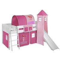 Idense White Wooden Ida Midsleeper - Princess - With slide, tower, curtain and slats - Continental Single