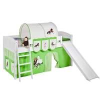 Idense White Wooden Ida Midsleeper - Horses Green - With slide, curtain and slats - Continental Single