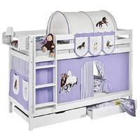 Idense White Wooden Jelle Bunk Bed - Horses Lilac - With curtain and slats - Continental Single