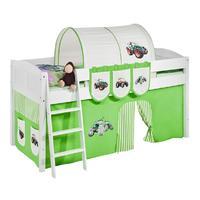 Idense White Wooden Ida Midsleeper - Tractor Green - With curtain and slats - Continental Single