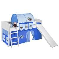 Idense White Wooden Ida Midsleeper - Tractor Blue - With slide, curtain and slats - Continental Single