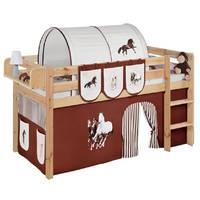 Idense Pine Wooden Jelle Midsleeper - Horses Brown - With curtain and slats - Continental Single