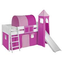 Idense White Wooden Ida Midsleeper - Pink - With slide, tower, curtain and slats - Continental Single