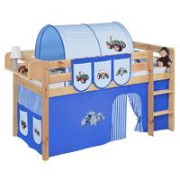 Idense Pine Wooden Jelle Midsleeper - Tractor Blue - With curtain and slats - Continental Single