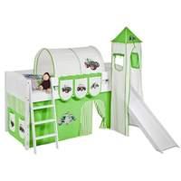 Idense White Wooden Ida Midsleeper - Tractor Green - With slide, tower, curtain and slats - Continental Single