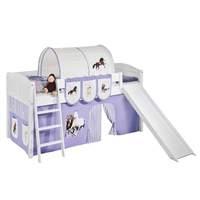 Idense White Wooden Ida Midsleeper - Horses Lilac - With slide, curtain and slats - Continental Single