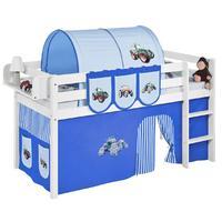 Idense White Wooden Jelle Midsleeper - Tractor Blue - With curtain and slats - Continental Single