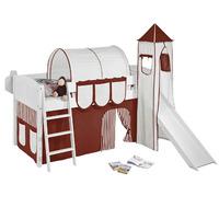 Idense White Wooden Ida Midsleeper - Brown - With slide, tower, curtain and slats - Continental Single