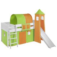 Idense White Wooden Ida Midsleeper - Green and Orange - With slide, tower, curtain and slats - Continental Single