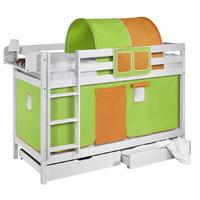 Idense White Wooden Jelle Bunk Bed - Green and Orange - With curtain and slats - Continental Single