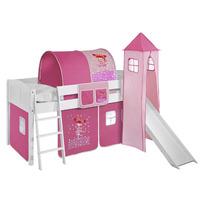 Idense White Wooden Ida Midsleeper - Princess - With slide, tower, curtain and slats - Continental Single