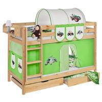 Idense Pine Wooden Jelle Bunk Bed - Tractor Green - With curtain and slats - Continental Single