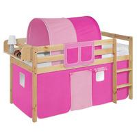 Idense Pine Wooden Jelle Midsleeper - Pink - With curtain and slats - Continental Single