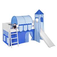 Idense White Wooden Ida Midsleeper - Blue - With slide, tower, curtain and slats - Continental Single